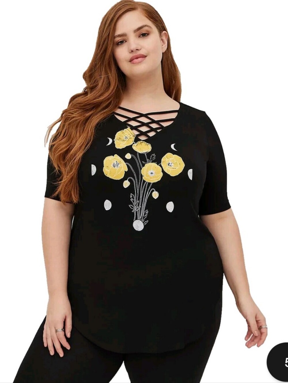 Torrid Size 3 Strappy Black Tunic with Yellow Floral Celestial Print - Plus Size
